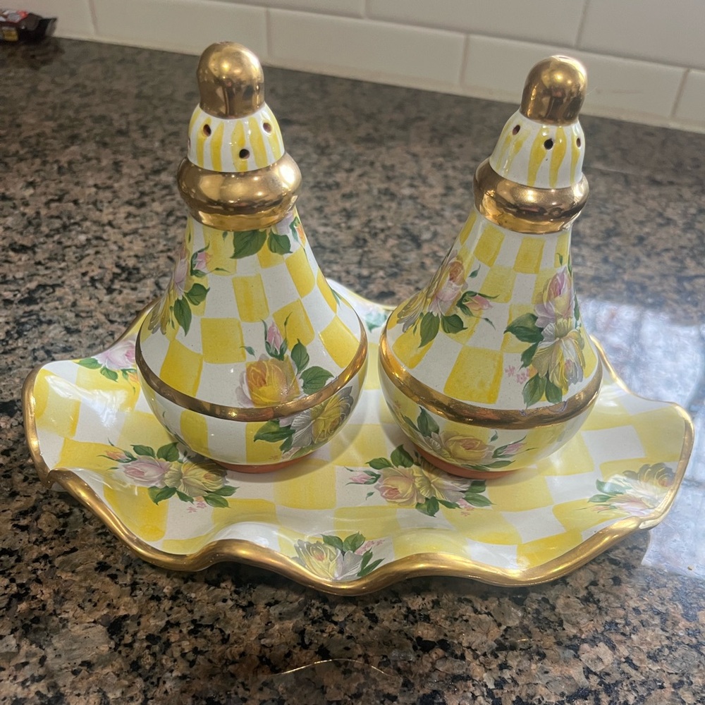 MacKenzie-Childs Retired Honeymoon Lemon Curd Salt and Pepper Shakers with Tray